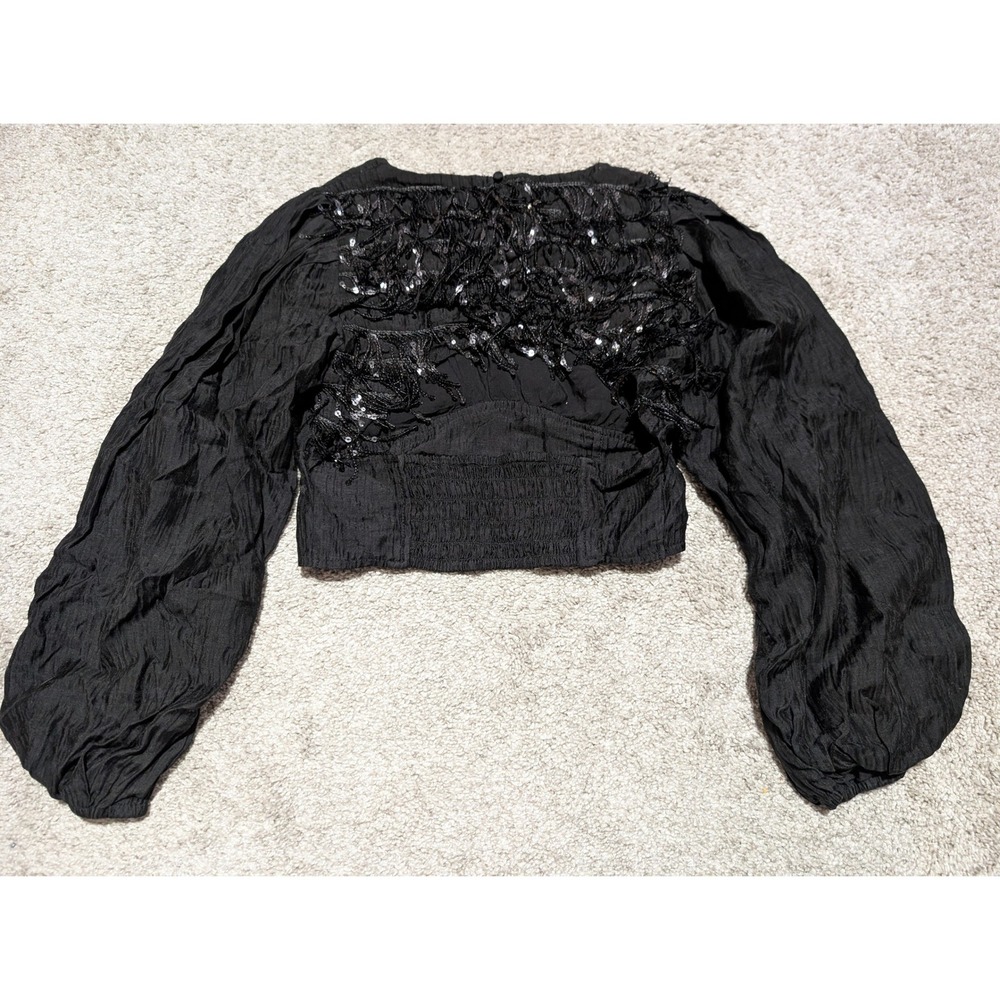 Current Air Blouse Women XS Black Sequin Fringe Back Balloon Sleeve Smocked Crop